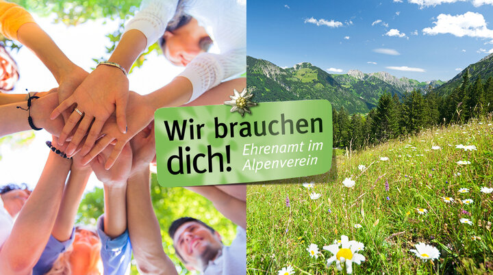 Banner mit mehreren Personen, die ihre Hände übereinander halten und Berge | © Deutscher Alpenverein e. V.